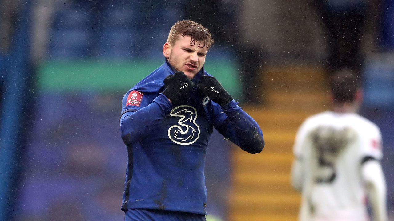 Chelsea's Timo Werner reacts after missing a penalty kick during the Emirates FA Cup fourth round match at Stamford Bridge, London. Picture date: Sunday January 24, 2021.