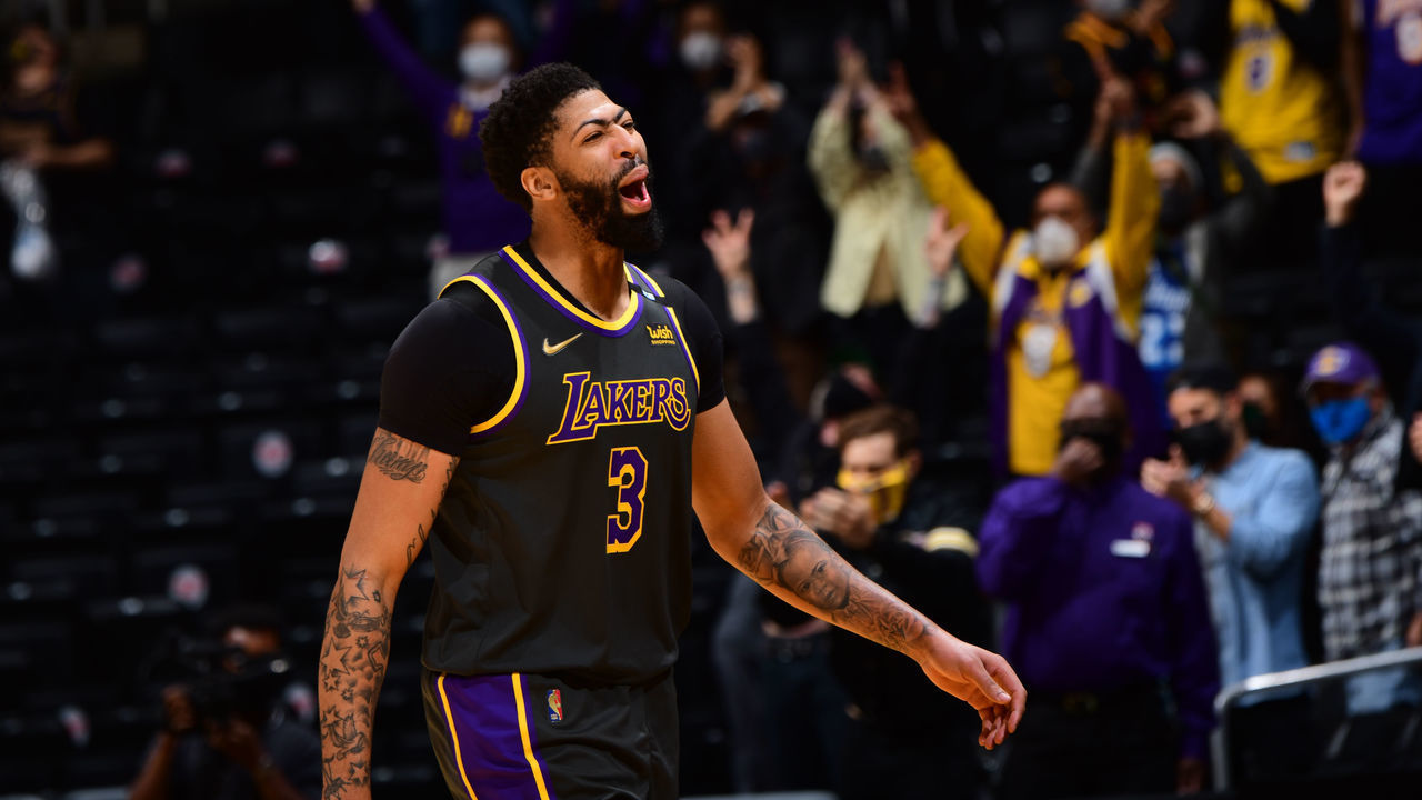 LOS ANGELES, CA - MAY 3: Anthony Davis #3 of the Los Angeles Lakers celebrates during the game against the Denver Nuggets on May 3, 2021 at STAPLES Center in Los Angeles, California. NOTE TO USER: User expressly acknowledges and agrees that, by downloading and/or using this Photograph, user is consenting to the terms and conditions of the Getty Images License Agreement. Mandatory Copyright Notice: Copyright 2021 NBAE