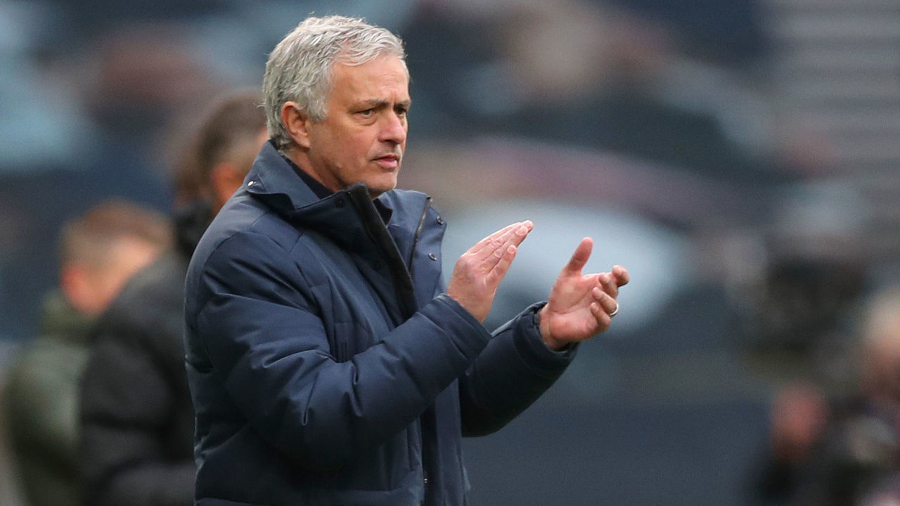 LONDON, ENGLAND - APRIL 11: Jose Mourinho, Manager of Tottenham Hotspur reacts during the Premier League match between Tottenham Hotspur and Manchester United at Tottenham Hotspur Stadium on April 11, 2021 in London, England. Sporting stadiums around the UK remain under strict restrictions due to the Coronavirus Pandemic as Government social distancing laws prohibit fans inside venues resulting in games being played behind closed doors.