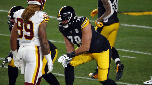 PITTSBURGH, PA - DECEMBER 08: Alejandro Villanueva #78 of the Pittsburgh Steelers in action against the Washington Football Team on December 8, 2020 at Heinz Field in Pittsburgh, Pennsylvania.