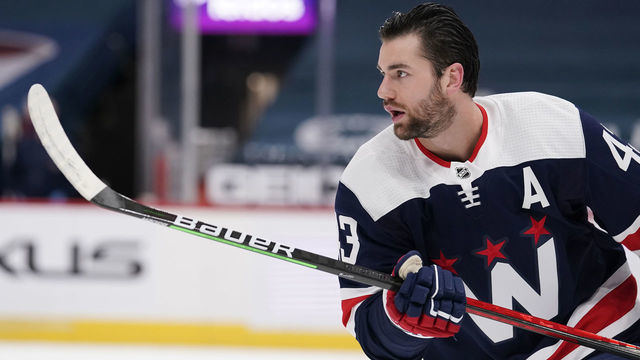 WASHINGTON, DC - MAY 01: Tom Wilson #43 of the Washington Capitals warms up before a game against the Pittsburgh Penguins at Capital One Arena on May 01, 2021 in Washington, DC.