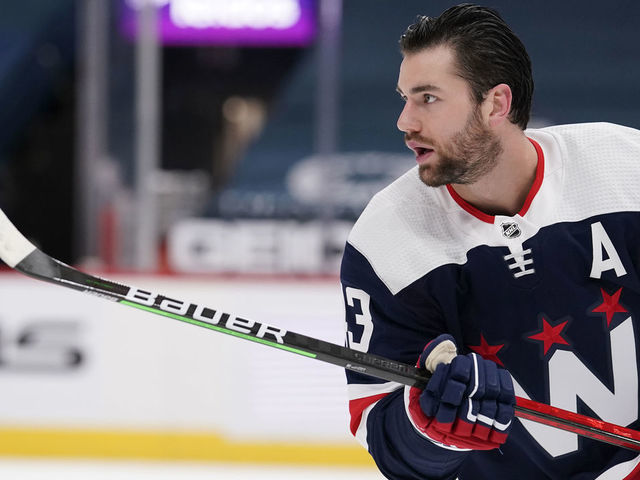 WASHINGTON, DC - MAY 01: Tom Wilson #43 of the Washington Capitals warms up before a game against the Pittsburgh Penguins at Capital One Arena on May 01, 2021 in Washington, DC.