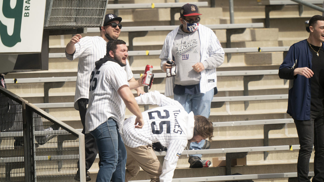 Baseball: New York Yankees fans in bleachers during game vs Toronto Blue Jays at Yankee Stadium. Bleacher Creatures. Opening Day. Bronx, NY 4/1/2021 CREDIT: Erick W. Rasco