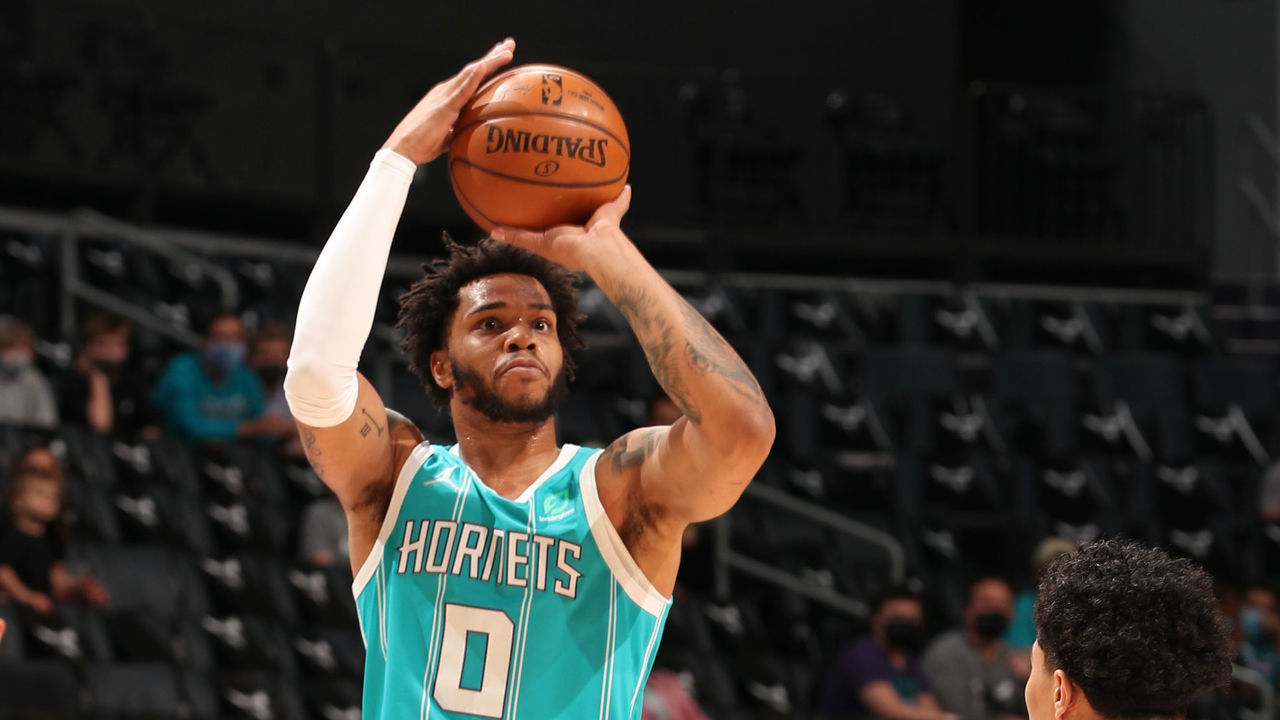 CHARLOTTE, NC - MAY 1: Miles Bridges #0 of the Charlotte Hornets shoots the ball during the game against the Detroit Pistons on May 1, 2021 at Spectrum Center in Charlotte, North Carolina. Mandatory Copyright Notice: Copyright 2021 NBAE