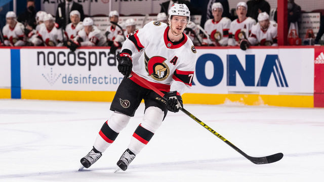 MONTREAL, QC - MAY 01: Thomas Chabot (72) of the Ottawa Senators skates during the first period of the NHL game between the Ottawa Senators and the Montreal Canadiens on May 1, 2021, at the Bell Centre in Montreal, QC
