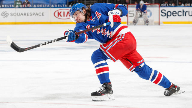 NEW YORK, NY - APRIL 25: Artemi Panarin #10 of the New York Rangers shoots the puck against the Buffalo Sabres at Madison Square Garden on April 25, 2021 in New York City.