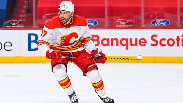 MONTREAL, QC - APRIL 16: Look on Calgary Flames left wing Milan Lucic (17) during the Calgary Flames versus the Montreal Canadiens game on April 16, 2021, at Bell Centre in Montreal, QC