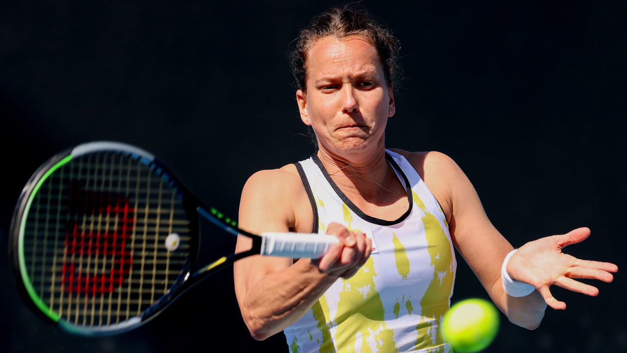 MELBOURNE, AUSTRALIA - FEBRUARY 03: Barbora Strycova of Czech Republic plays a forehand in her singles match against Bethanie Mattek-Sands of the United States during day one of the WTA 500 Grampians Trophy at Melbourne Park on February 03, 2021 in Melbourne, Australia.