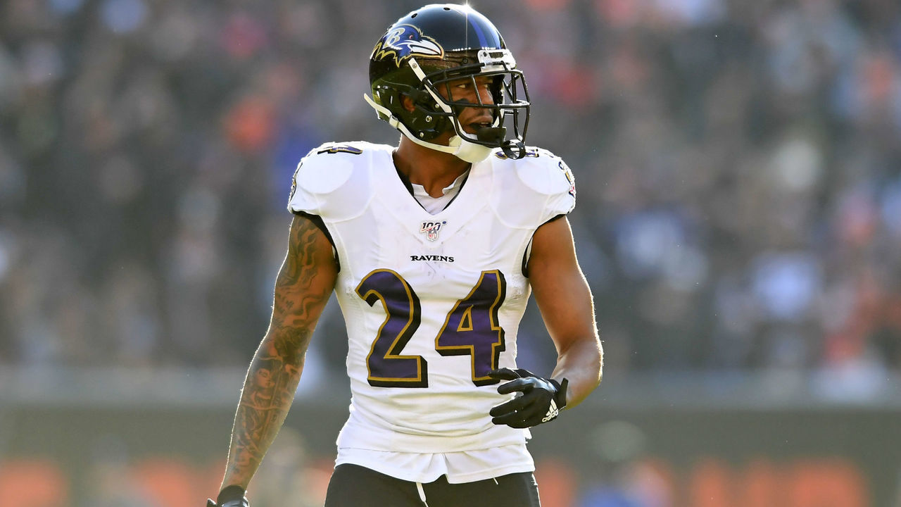 CLEVELAND, OH - DECEMBER 22, 2019: Cornerback Marcus Peters #24 of the Baltimore Ravens on the field in the second quarter of a game against the Cleveland Browns on December 22, 2019 at FirstEnergy Stadium in Cleveland, Ohio. Baltimore won 31-15. (Photo by: 2019 Nick Cammett/Diamond Images via Getty Images)