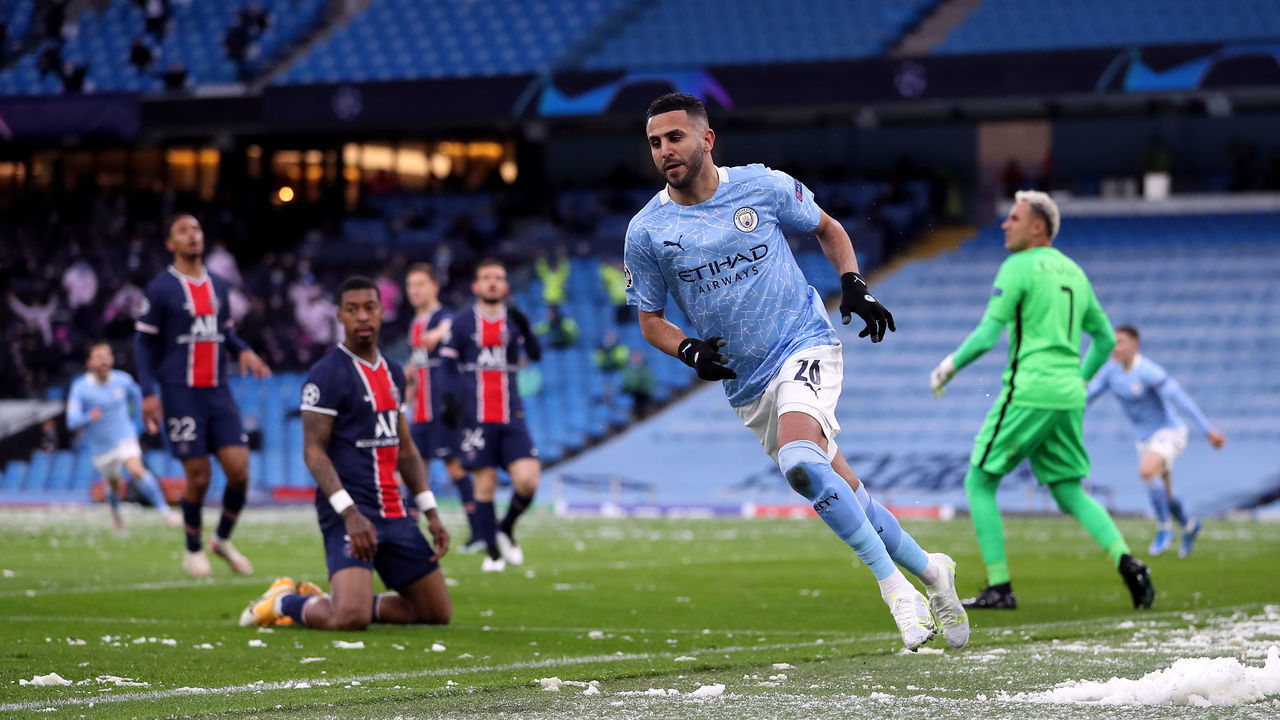 Manchester City's Riyad Mahrez celebrates scoring their side's first goal of the game Paris Saint-Germain's during the UEFA Champions League Semi Final second leg at the Etihad Stadium, Manchester. Picture date: Tuesday May 4, 2021.