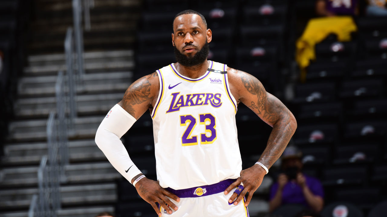 LOS ANGELES, CA - MAY 2: LeBron James #23 of the Los Angeles Lakers looks on during the game against the Toronto Raptors on May 2, 2021 at STAPLES Center in Los Angeles, California. NOTE TO USER: User expressly acknowledges and agrees that, by downloading and/or using this Photograph, user is consenting to the terms and conditions of the Getty Images License Agreement. Mandatory Copyright Notice: Copyright 2021 NBAE