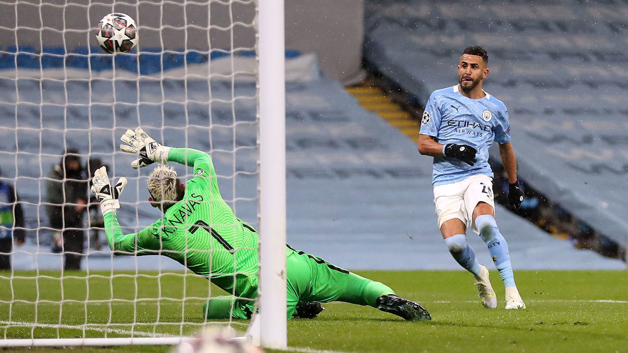 Manchester City's Riyad Mahrez scores their side's second goal of the game during the UEFA Champions League Semi Final second leg at the Etihad Stadium, Manchester. Picture date: Tuesday May 4, 2021.