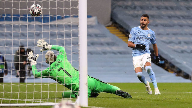 Manchester City's Riyad Mahrez scores their side's second goal of the game during the UEFA Champions League Semi Final second leg at the Etihad Stadium, Manchester. Picture date: Tuesday May 4, 2021.