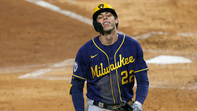 PHILADELPHIA, PA - MAY 03: Christian Yelich #22 of the Milwaukee Brewers in action against the Philadelphia Phillies during a game at Citizens Bank Park on May 3, 2021 in Philadelphia, Pennsylvania.