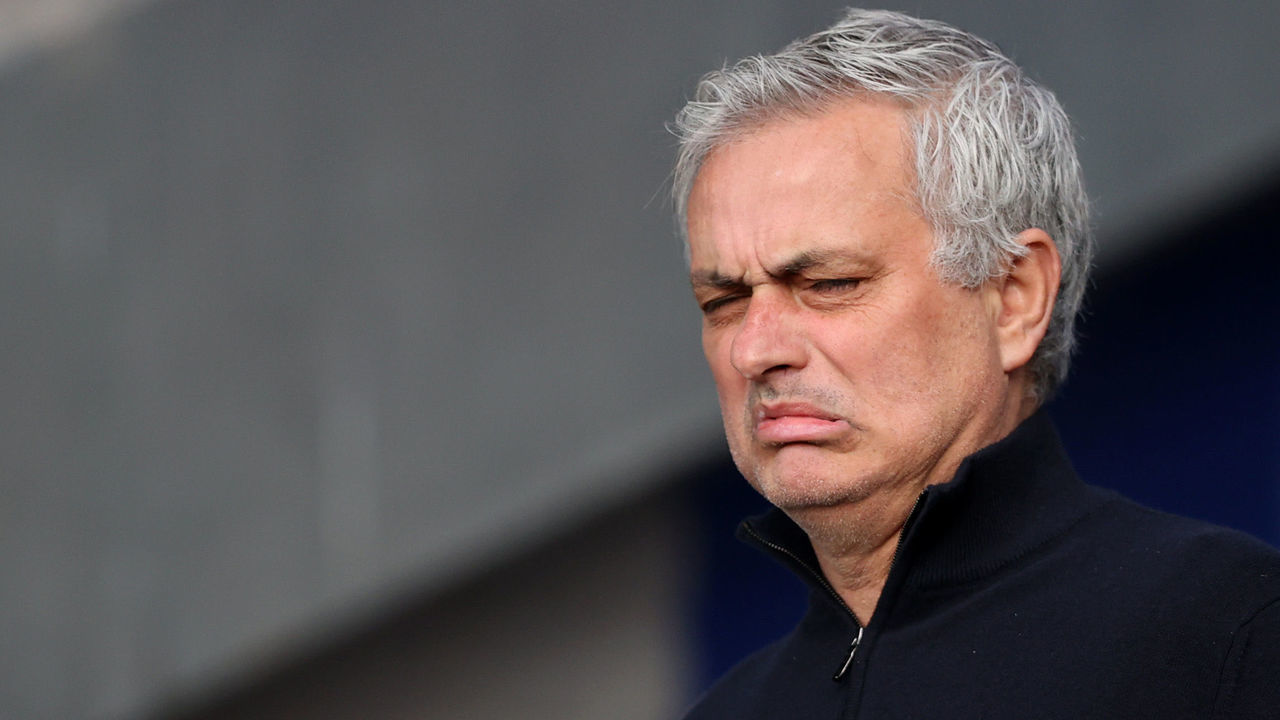 LIVERPOOL, ENGLAND - APRIL 16: Jose Mourinho, Manager of Tottenham Hotspur reacts prior to the Premier League match between Everton and Tottenham Hotspur at Goodison Park on April 16, 2021 in Liverpool, England. Sporting stadiums around the UK remain under strict restrictions due to the Coronavirus Pandemic as Government social distancing laws prohibit fans inside venues resulting in games being played behind closed doors.