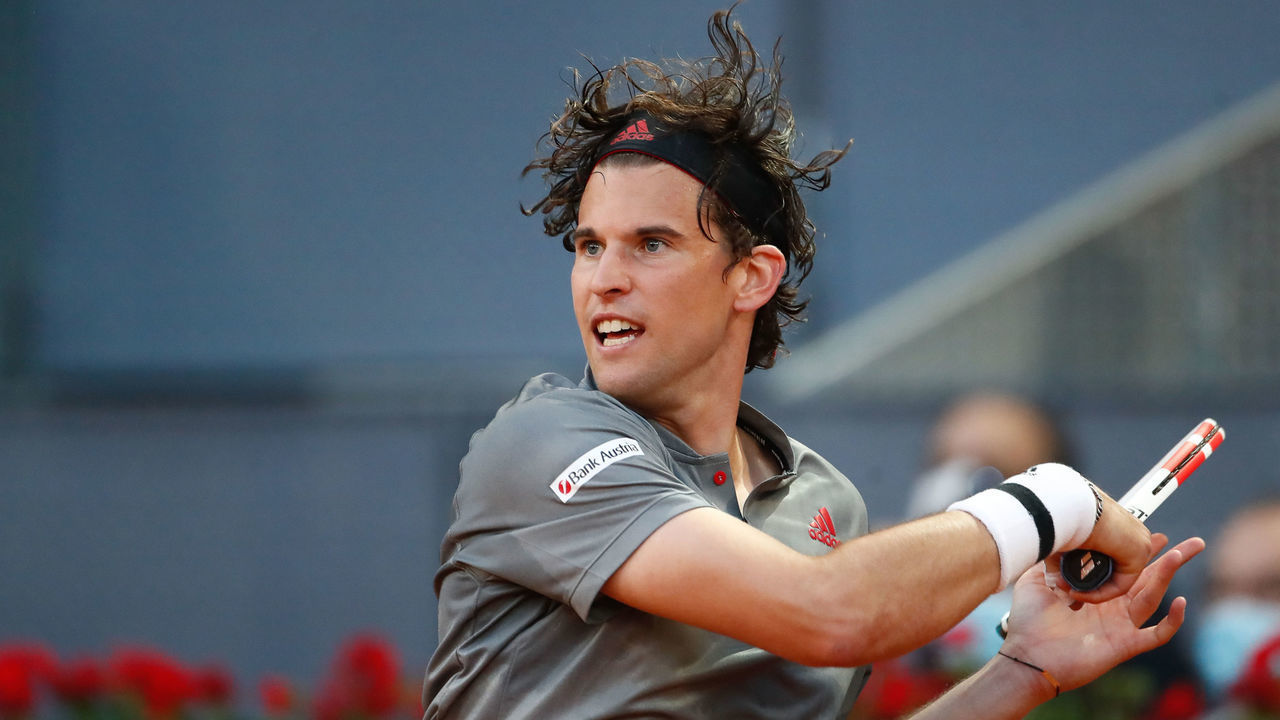 MADRID, SPAIN - MAY 04: Dominic Thiem of Austria in action during his Men's Singles match, round of 32, against Marcos Giron of United States on the ATP Masters 1000 - Mutua Madrid Open 2021 at La Caja Magica on May 4, 2021 in Madrid, Spain