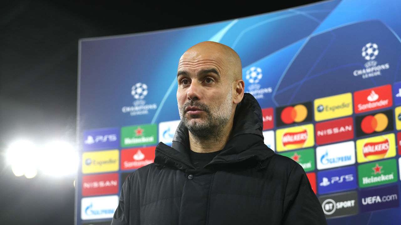 MANCHESTER, ENGLAND - MAY 04: Pep Guardiola, Manager of Manchester City is interviewed after the UEFA Champions League Semi Final Second Leg match between Manchester City and Paris Saint-Germain at Etihad Stadium on May 04, 2021 in Manchester, England. Sporting stadiums around Europe remain under strict restrictions due to the Coronavirus Pandemic as Government social distancing laws prohibit fans inside venues resulting in games being played behind closed doors.