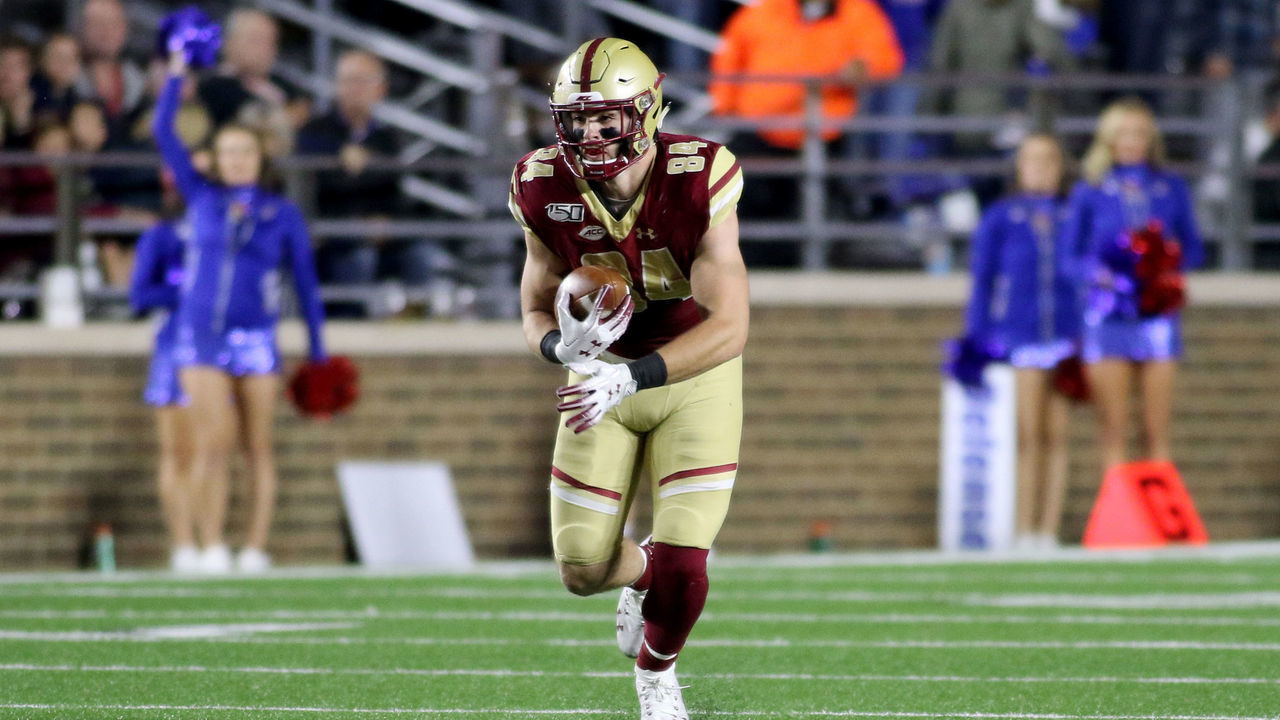 CHESTNUT HILL, MA - SEPTEMBER 13: Boston College Tight End Jake Burt #84 runs after a catch during the Boston College vs. Kansas University Game at Boston College Alumni Stadium in Chestnut Hill, MA on September 13, 2019.