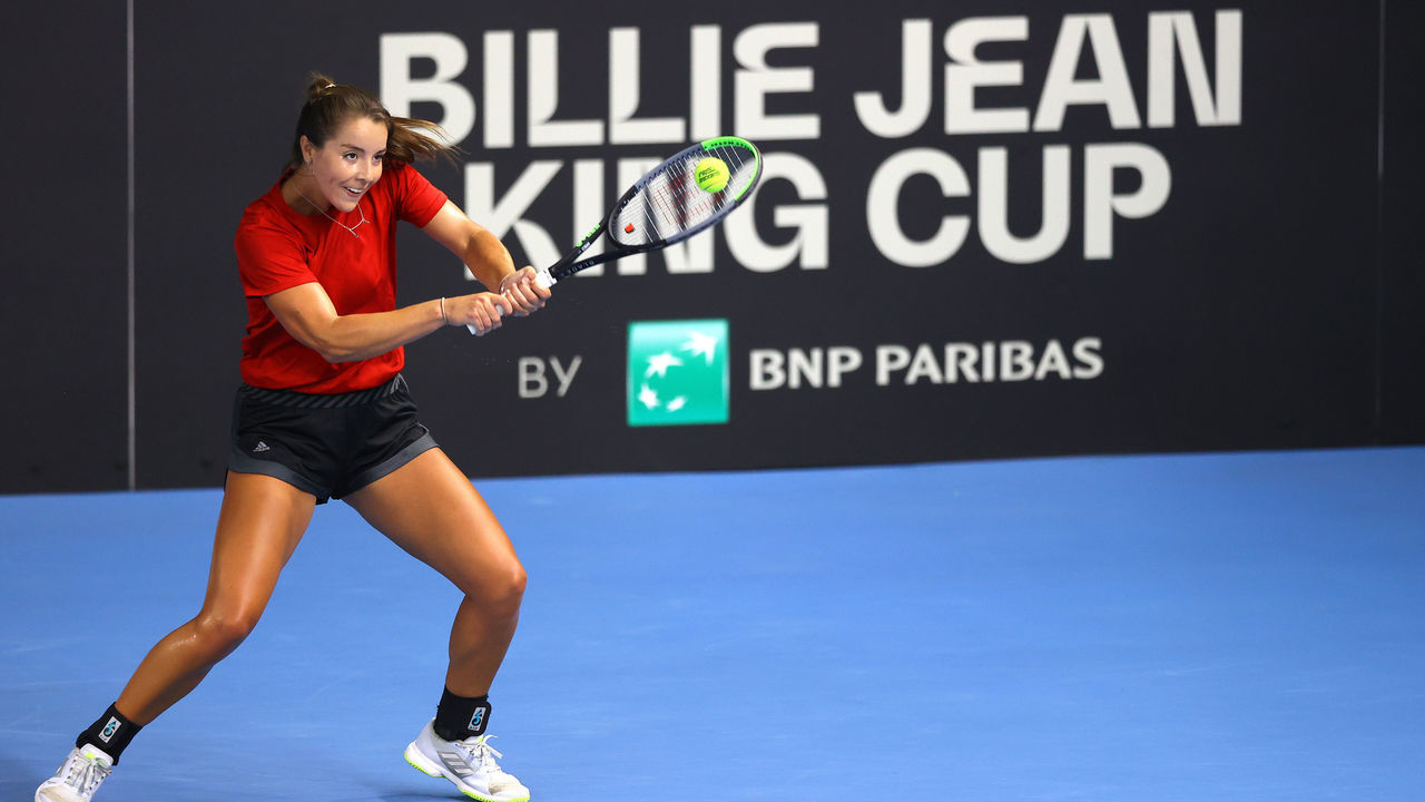 LONDON, ENGLAND - APRIL 16: Jodie Anna Burrage of Great Britain plays a backhand shot during a practice session during day 1 of the Billie Jean King Cup Play-Offs between Great Britain and Mexico at National Tennis Centre on April 16, 2021 in London, England.