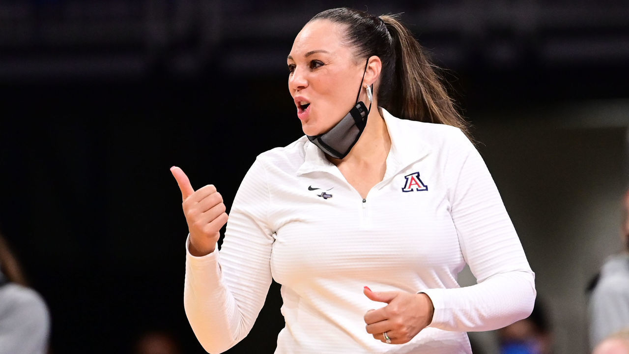 SAN ANTONIO, TX - APRIL 4: Head Coach Adia Barnes of the Arizona Wildcats talks to her players against the Stanford Cardinal during the championship game of the NCAA Womens Basketball Tournament at Alamodome on April 4, 2021 in San Antonio, Texas.