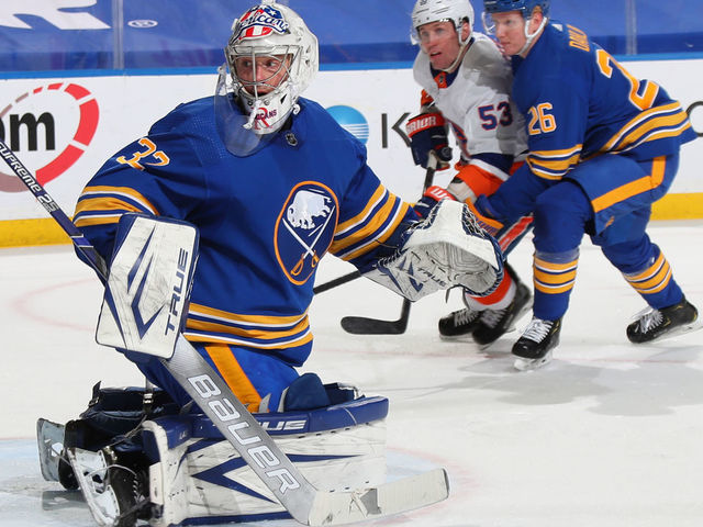 BUFFALO, NY - MAY 4: Michael Houser #32 of the Buffalo Sabres makes a second period save against the New York Islanders during an NHL game on May 4, 2021 at KeyBank Center in Buffalo, New York.