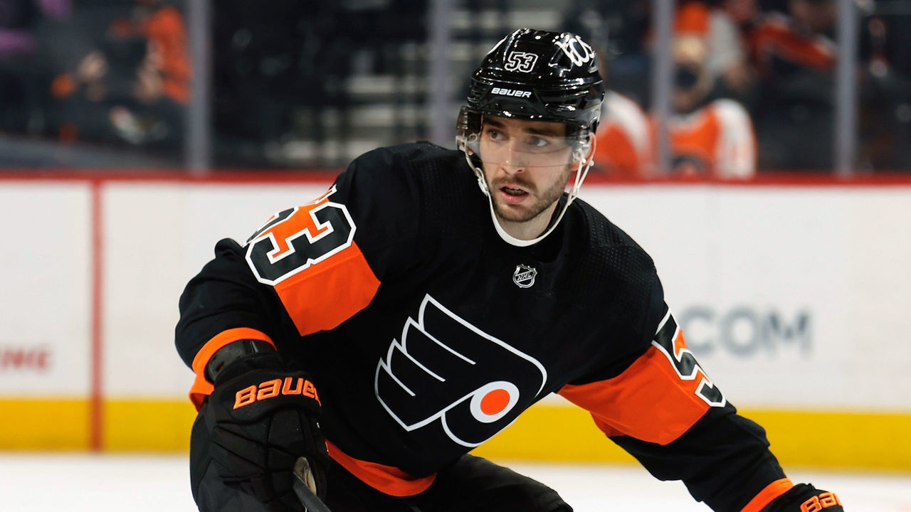 PHILADELPHIA, PA - APRIL 11: Shayne Gostisbehere #53 of the Philadelphia Flyers skates back on defense against the Buffalo Sabres at the Wells Fargo Center on April 11, 2021 in Philadelphia, Pennsylvania.