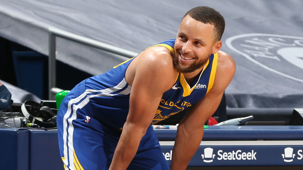 NEW ORLEANS, LA - MAY 4: Stephen Curry #30 of the Golden State Warriors smiles during the game against the New Orleans Pelicans on May 4, 2021 at the Smoothie King Center in New Orleans, Louisiana. Mandatory Copyright Notice: Copyright 2021 NBAE