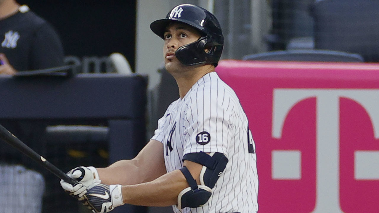 NEW YORK, NEW YORK - MAY 04: Giancarlo Stanton #27 of the New York Yankees looks on after hitting a two-run home run during the first inning against the Houston Astros at Yankee Stadium on May 04, 2021 in the Bronx borough of New York City.