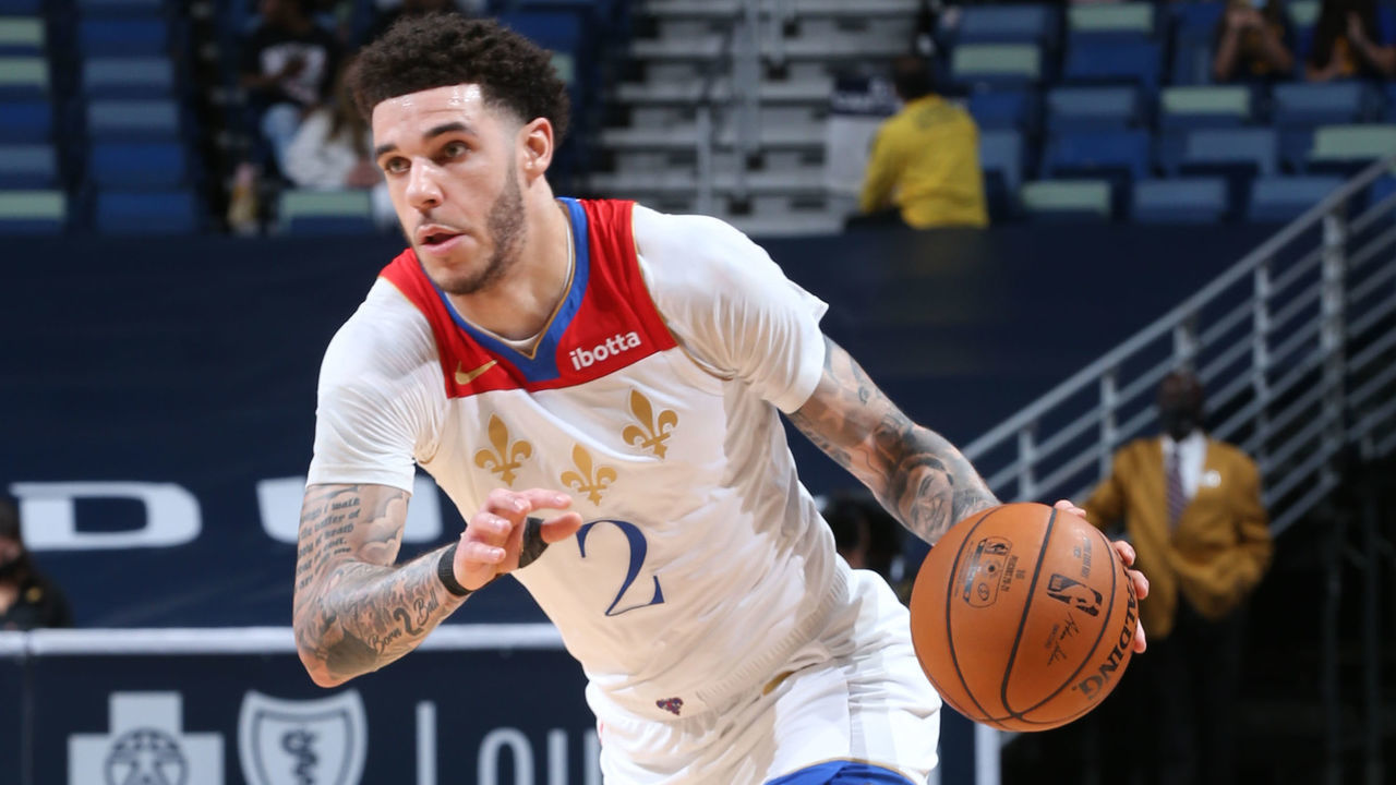 NEW ORLEANS, LA - MAY 4: Lonzo Ball #2 of the New Orleans Pelicans dribbles the ball during the game against the Golden State Warriors on May 4, 2021 at the Smoothie King Center in New Orleans, Louisiana. Mandatory Copyright Notice: Copyright 2021 NBAE
