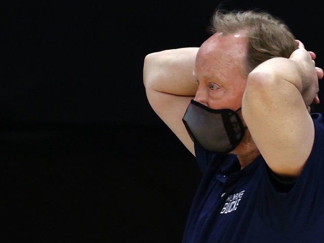 CHARLOTTE, NORTH CAROLINA - APRIL 27: Head coach Mike Budenholzer of the Milwaukee Bucks reacts during the second quarter of their game against the Charlotte Hornets at Spectrum Center on April 27, 2021 in Charlotte, North Carolina.