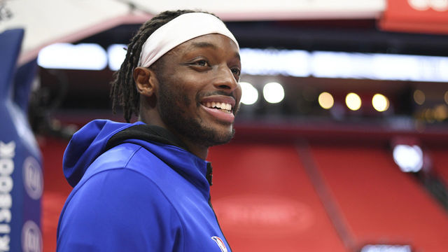 DETROIT, MI - APRIL 26: Jerami Grant #9 of the Detroit Pistons smiles before the game against the Atlanta Hawks on April 26, 2021 at Little Caesars Arena in Detroit, Michigan. NOTE TO USER: User expressly acknowledges and agrees that, by downloading and/or using this photograph, User is consenting to the terms and conditions of the Getty Images License Agreement. Mandatory Copyright Notice: Copyright 2021 NBAE