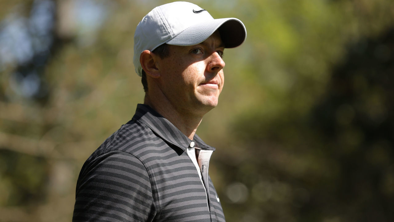 AUGUSTA, GEORGIA - APRIL 05: Rory McIlroy of Northern Ireland walks off the seventh tee during a practice round prior to the Masters at Augusta National Golf Club on April 05, 2021 in Augusta, Georgia.