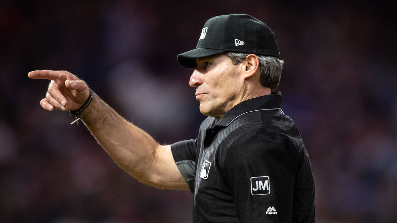 MINNEAPOLIS, MN - JUNE 15: MLB umpire Angel Hernandez gestures during a game between the Minnesota Twins and Kansas City Royals on June 15, 2019 at the Target Field in Minneapolis, Minnesota. The Twins defeated the Royals 5-4.