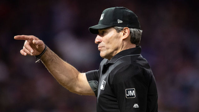 MINNEAPOLIS, MN - JUNE 15: MLB umpire Angel Hernandez gestures during a game between the Minnesota Twins and Kansas City Royals on June 15, 2019 at the Target Field in Minneapolis, Minnesota. The Twins defeated the Royals 5-4.