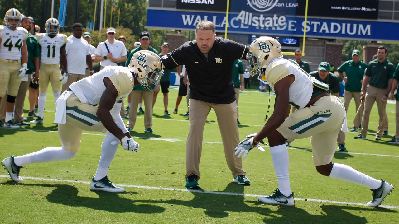 DURHAM, NC - SEPTEMBER 16: Baylor Bears head coach Matt Rhule runs the Oklahoma Drill prior to the game against the Duke Blue Devils during the first half on September 16, 2017 at Wallace Wade Stadium.