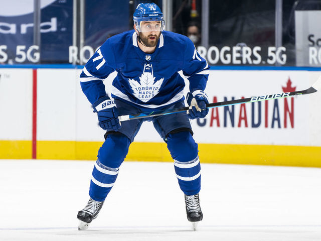 TORONTO, ON - MAY 1: Nick Foligno #71 of the Toronto Maple Leafs skates against the Vancouver Canucks during the first period at the Scotiabank Arena on May 1, 2021 in Toronto, Ontario, Canada.