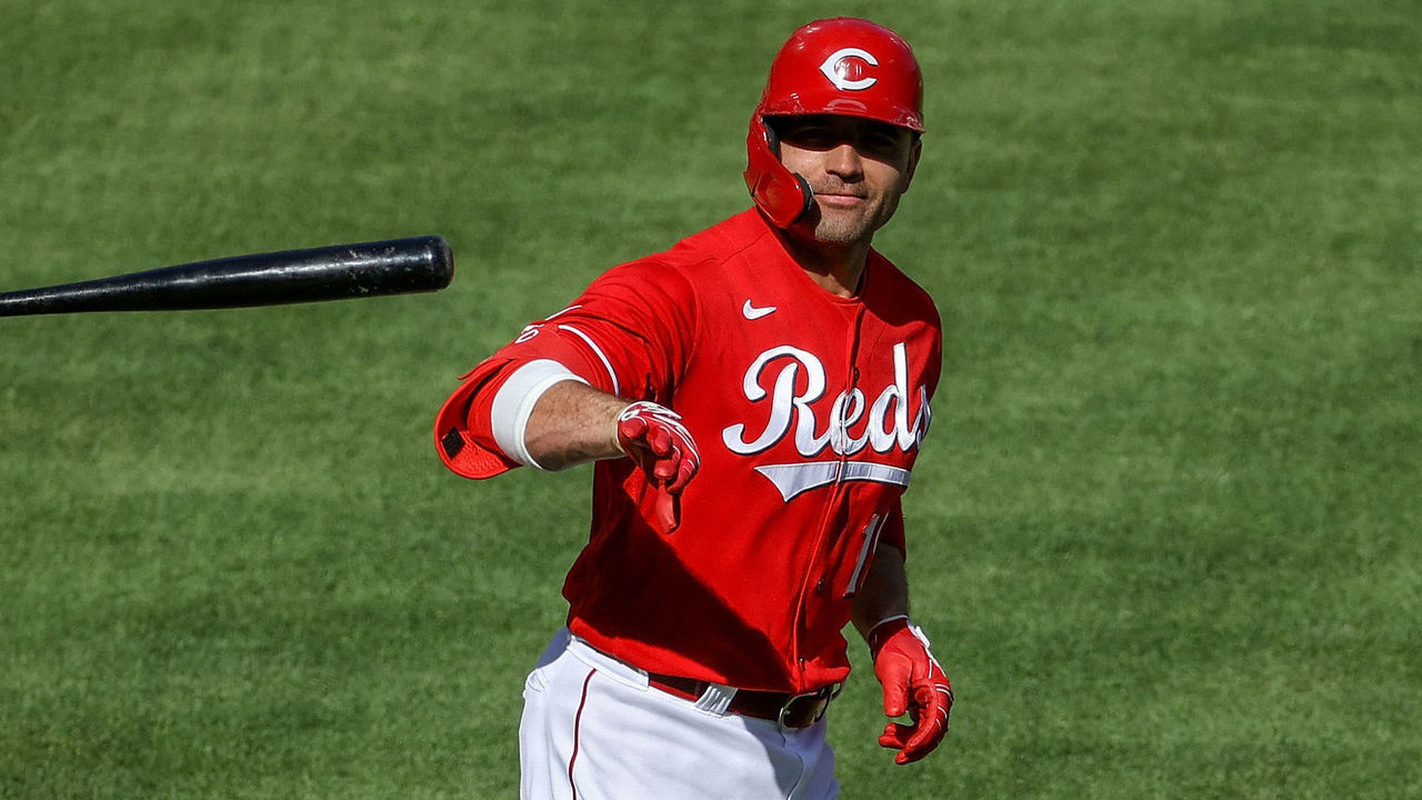 CINCINNATI, OHIO - MAY 01: Joey Votto #19 of the Cincinnati Reds tosses his bat after drawing a walk in the third inning against the Chicago Cubs at Great American Ball Park on May 01, 2021 in Cincinnati, Ohio.