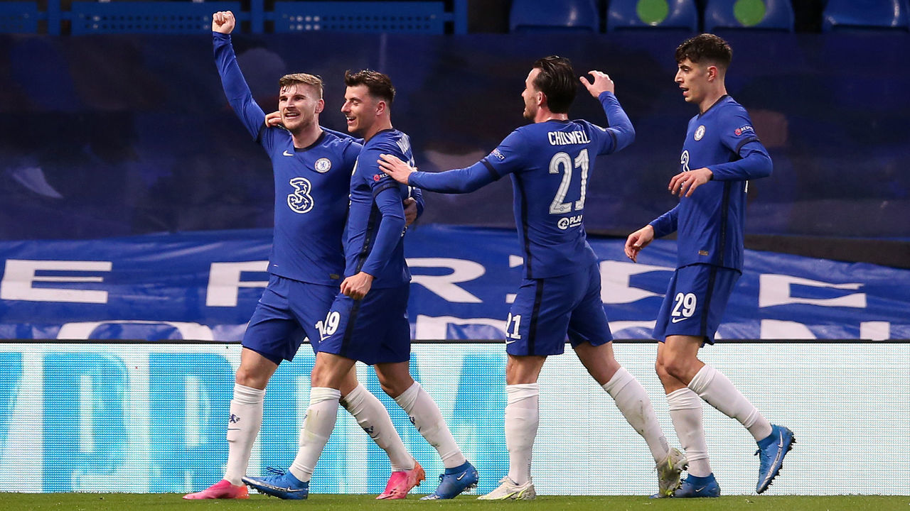 LONDON, ENGLAND - MAY 05: Timo Werner of Chelsea celebrates with teammates Mason Mount, Kai Havertz and Ben Chilwell after scoring their team's first goal during the UEFA Champions League Semi Final Second Leg match between Chelsea and Real Madrid at Stamford Bridge on May 05, 2021 in London, England. Sporting stadiums around Europe remain under strict restrictions due to the Coronavirus Pandemic as Government social distancing laws prohibit fans inside venues resulting in games being played behind closed doors.
