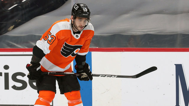 PHILADELPHIA, PA - APRIL 17: Shayne Gostisbehere #53 of the Philadelphia Flyers loosk on against the Washington Capitals at the Wells Fargo Center on April 17, 2021 in Philadelphia, Pennsylvania.