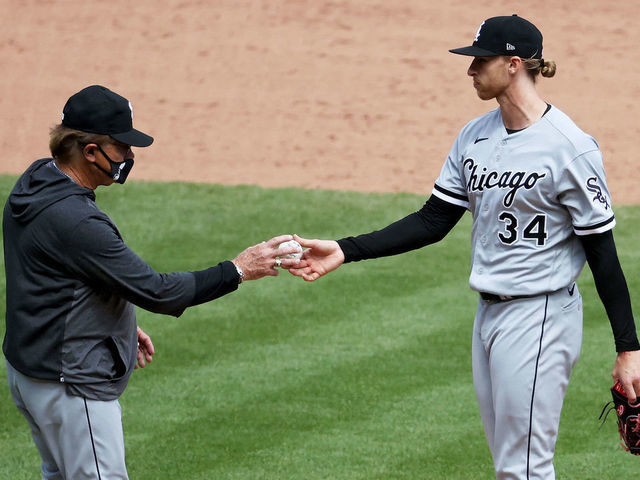 CINCINNATI, OHIO - MAY 05: Manager Tony La Russa of the Chicago White Sox relieves Michael Kopech #34 in the ninth inning against the Cincinnati Reds at Great American Ball Park on May 05, 2021 in Cincinnati, Ohio.