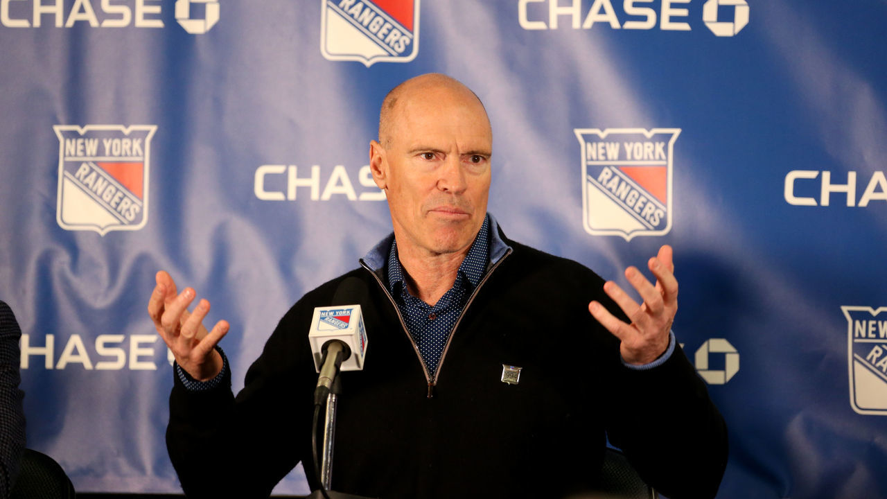 NEW YORK, NY - FEBRUARY 08: Former Rangers player and captain Mark Messier speaks to the media during a special 1994 Stanley Cup Anniversary event prior to the game between the New York Rangers and the Carolina Hurricanes at Madison Square Garden on February 8, 2019 in New York City.