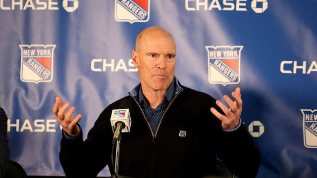 NEW YORK, NY - FEBRUARY 08: Former Rangers player and captain Mark Messier speaks to the media during a special 1994 Stanley Cup Anniversary event prior to the game between the New York Rangers and the Carolina Hurricanes at Madison Square Garden on February 8, 2019 in New York City.