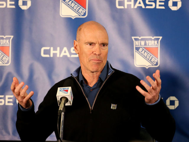 NEW YORK, NY - FEBRUARY 08: Former Rangers player and captain Mark Messier speaks to the media during a special 1994 Stanley Cup Anniversary event prior to the game between the New York Rangers and the Carolina Hurricanes at Madison Square Garden on February 8, 2019 in New York City.
