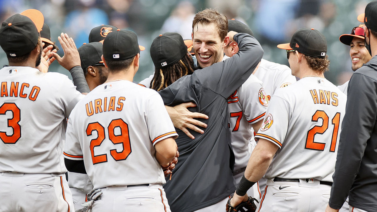 SEATTLE, WASHINGTON - MAY 05: John Means #47 of the Baltimore Orioles reacts after recording the final out of his no-hitter against the Seattle Mariners to win 6-0 at T-Mobile Park on May 05, 2021 in Seattle, Washington.