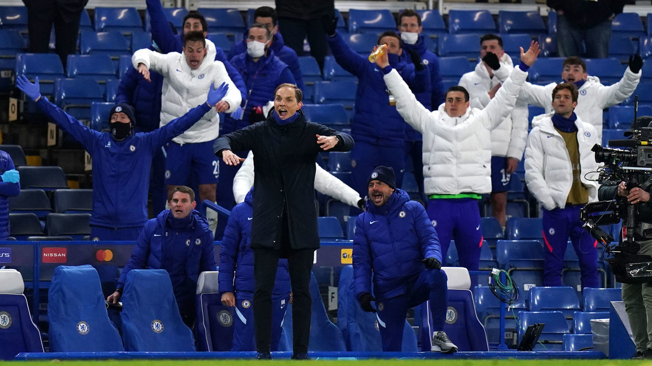 Chelsea manager Thomas Tuchel celebrates during the UEFA Champions League Semi Final second leg match at Stamford Bridge, London. Picture date: Wednesday May 5, 2021.