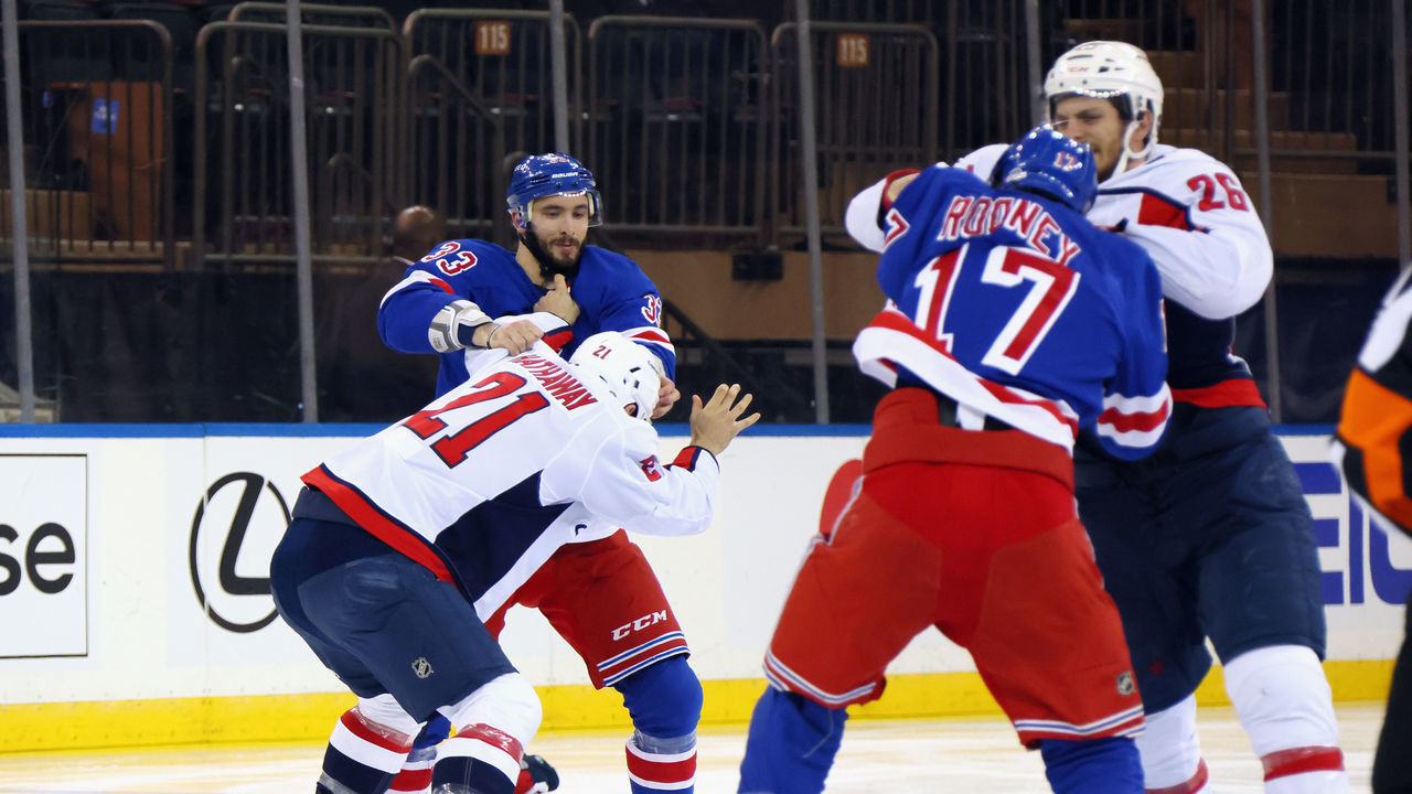 NEW YORK, NEW YORK - MAY 05: The game between the Washington Capitals and the New York Rangers starts with a line brawl one second into play at Madison Square Garden on May 05, 2021 in New York City.