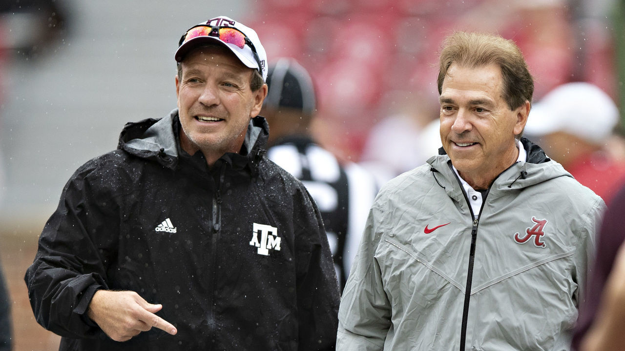 TUSCALOOSA, AL - SEPTEMBER 22: Head Coach Jimbo Fisher of the Texas A&M Aggies talks at midfield with Head Coach Nick Saban of the Alabama Crimson Tide at Bryant-Denny Stadium on September 22, 2018 in Tuscaloosa, Alabama. The Crimson Tide defeated the Aggies 45-23.