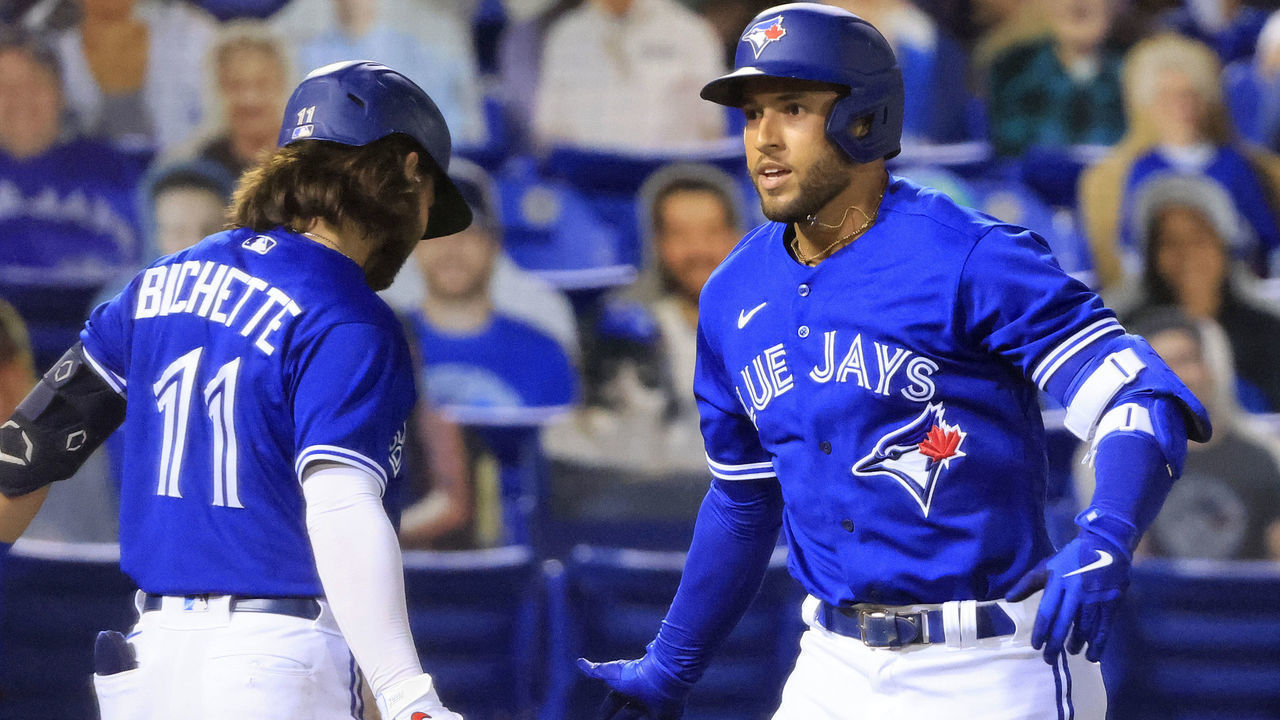 DUNEDIN, FLORIDA - MAY 01: George Springer #4 of the Toronto Blue Jays celebrates a home run with Bo Bichette #11 in the seventh inning against the Atlanta Braves at TD Ballpark on May 01, 2021 in Dunedin, Florida.