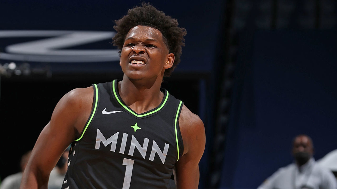 MINNEAPOLIS, MN - MAY 5: Anthony Edwards #1 of the Minnesota Timberwolves celebrates as he runs up court against the Memphis Grizzlies on May 5, 2021 at Target Center in Minneapolis, Minnesota. Mandatory Copyright Notice: Copyright 2021 NBAE
