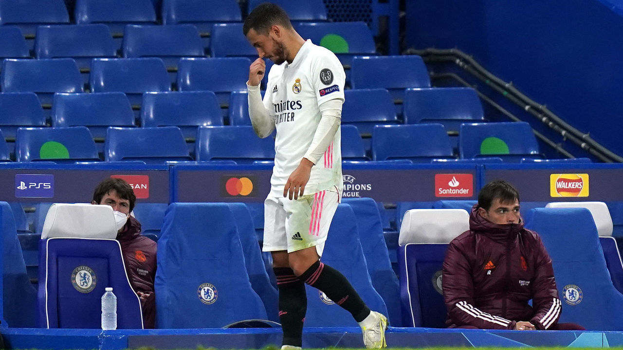 Real Madrid's Eden Hazard reacts as he leaves the field of play during the UEFA Champions League Semi Final second leg match at Stamford Bridge, London. Picture date: Wednesday May 5, 2021.